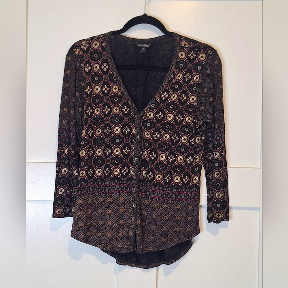 Lucky Brand V Neck Button Down Hi Lo Hem Top Brown Cream Print Size Small